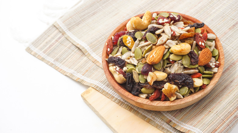 overhead view of nuts and seeds in a bowl