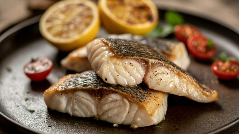 cod fillets pan,seared to perfection, grilled lemon and juicy cherry tomatoes