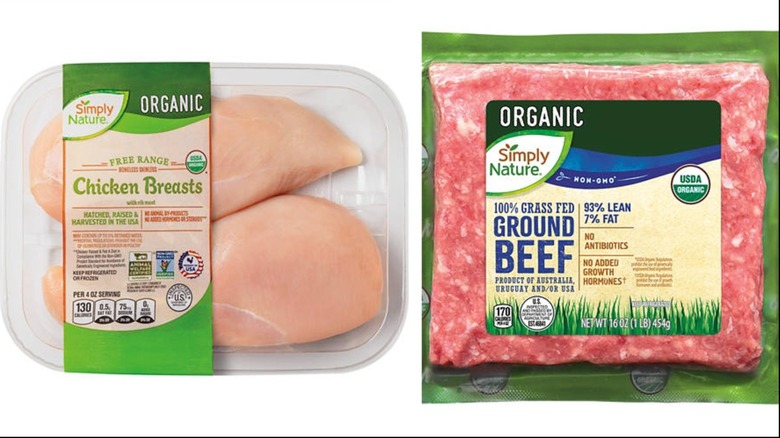 Organic chicken breast and grass fed ground beef packs from Aldi