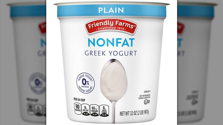 A tub of Friendly Farms nonfat plain Greek yogurt from Aldi