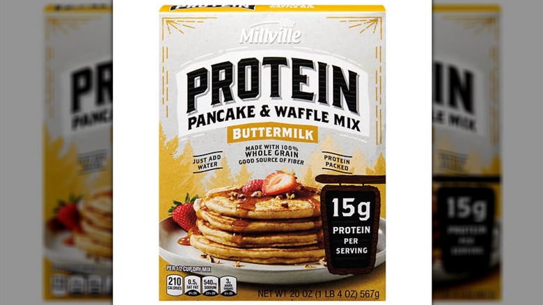 A box of Aldi's Millville protein pancake and waffle mix