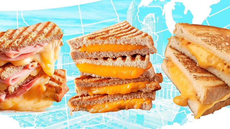 Three toasted grilled cheese sandwiches on a map of the USA