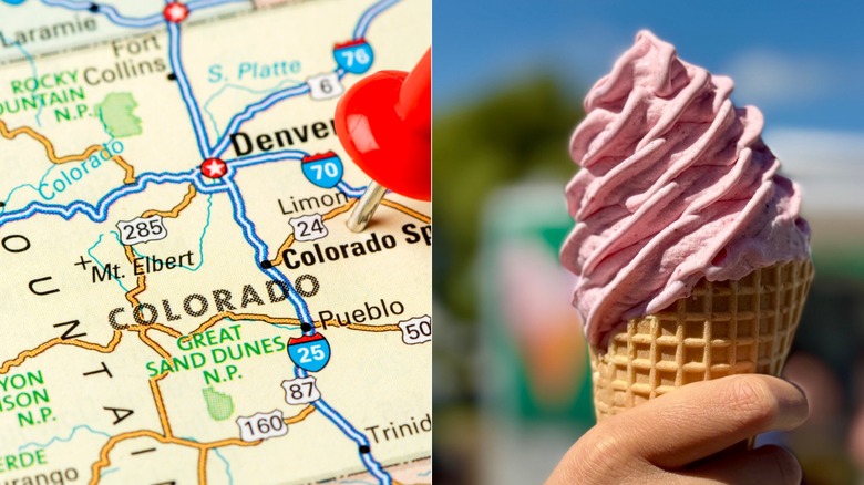 Colorado on a map side by side with someone holding an ice cream cone