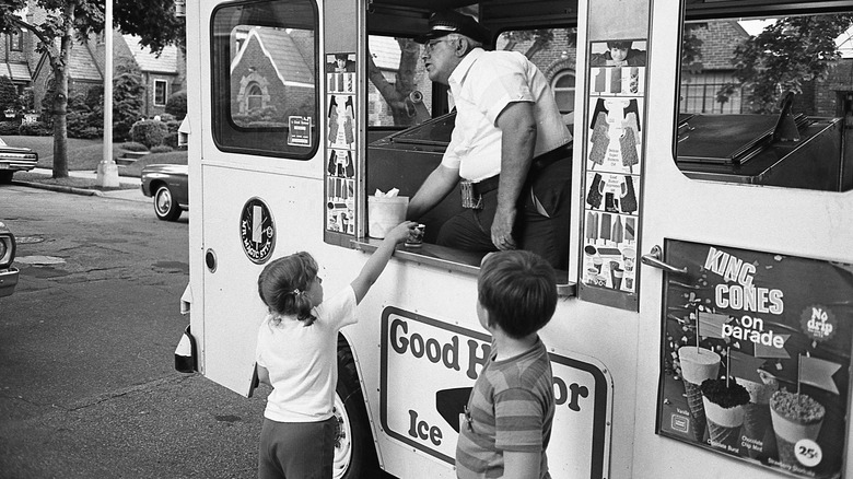 A Good Humor ice cream truck in black and white