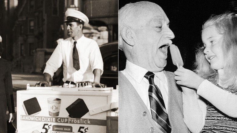 An old-timey ice cream man selling ice cream sandwiches, side by side with an old man eating an orange popsicle with a granddaughter
