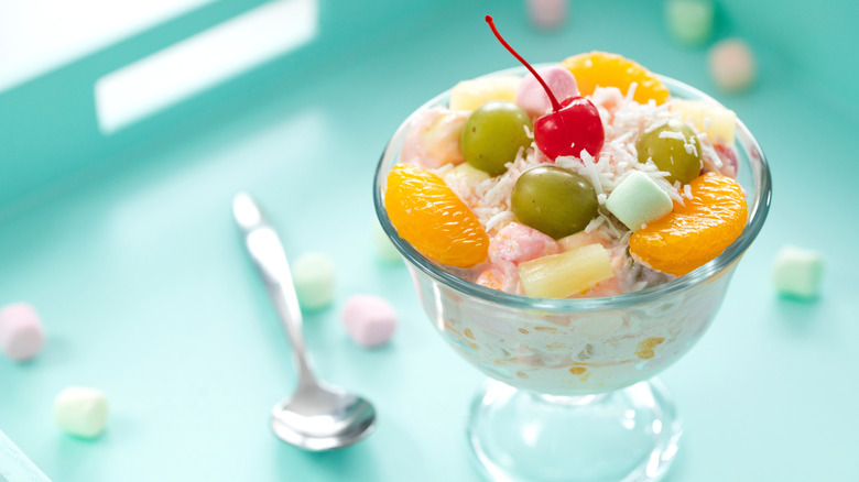 A cup of ambrosia salad on a table