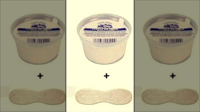 small ice cream cup with wooden spoon. Old fashioned School cafeteria ice cream.