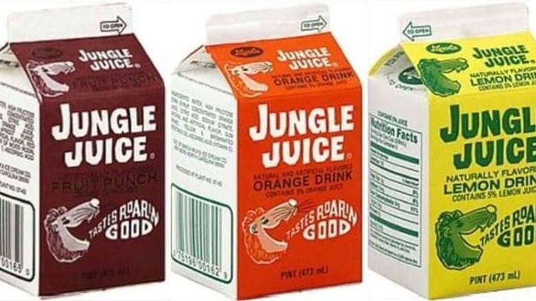 Three cartons of Jungle Juice, Orange, Lemon and Fruit Punch flavors. Old fashioned school cafeteria juice carton
