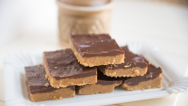 Lunch Lady Peanut Butter bars squares stacked on top of each other in a pyramid