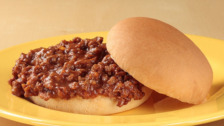 Sloppy Joe sandwich open-faced showing insides