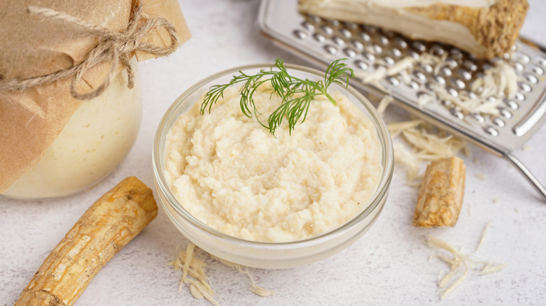 fresh horseradish paste in clear ramekin