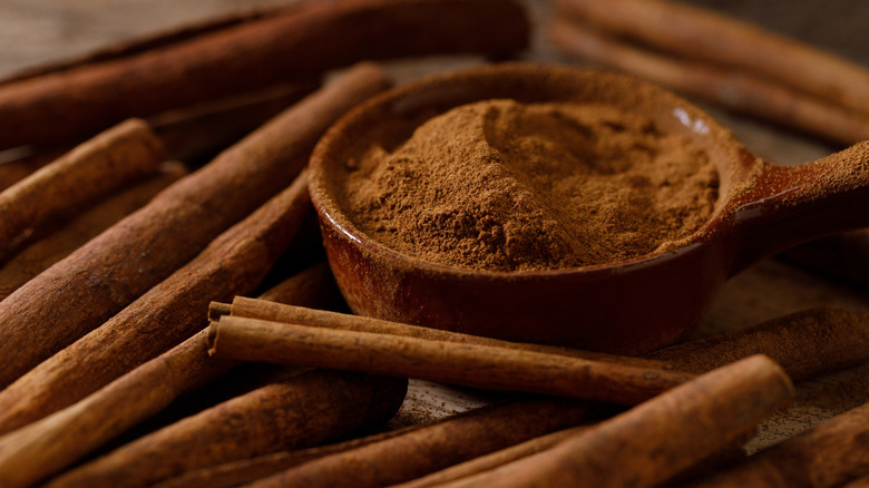 cinnamon sticks with powdered cinnamon in bowl