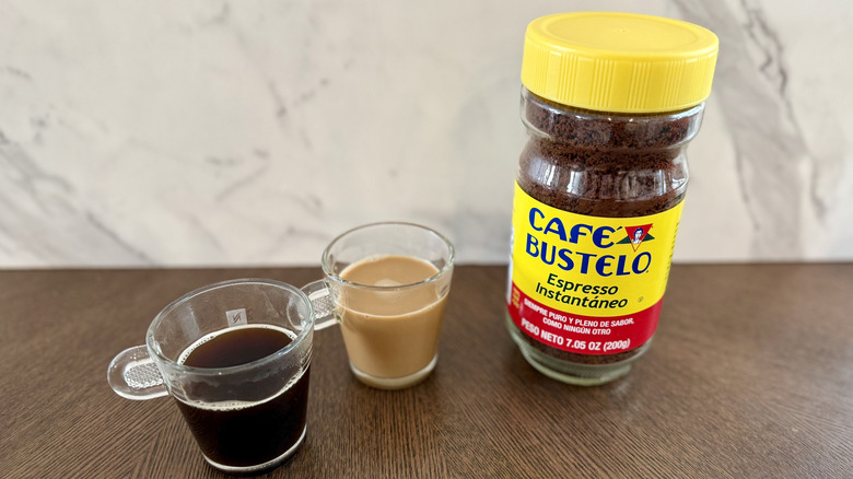 Cafe Bustelo instant espresso on a table in two cups