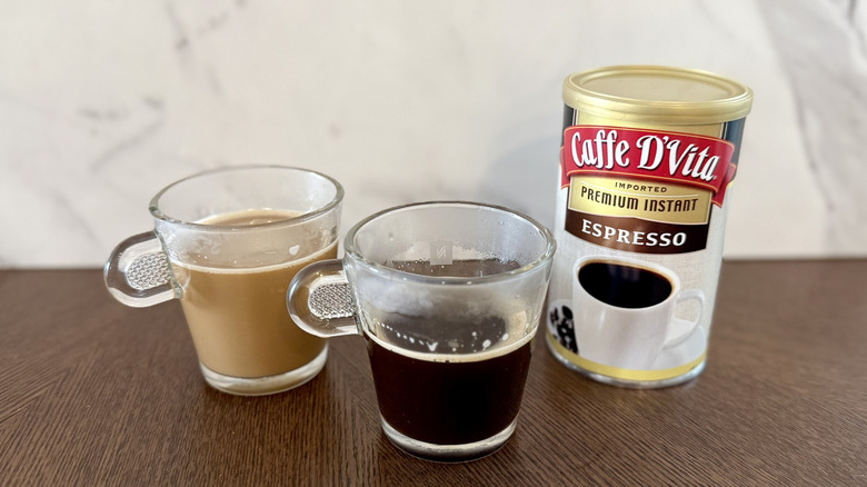 Caffe D'Vita instant espresso on a table in two cups