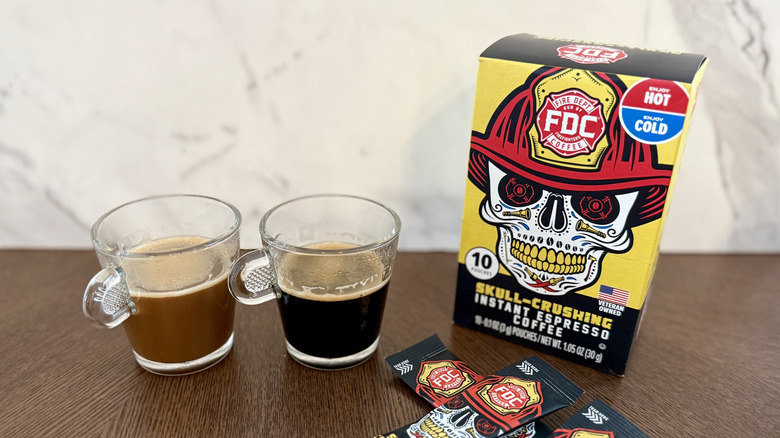 Fire Department Coffee instant espresso on a table in two cups