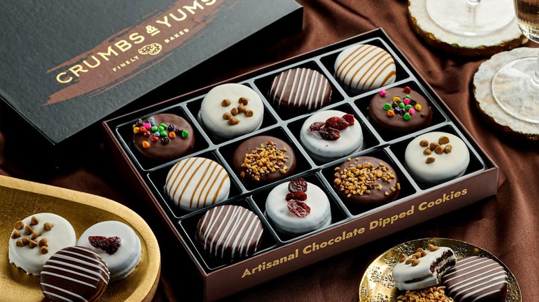 Gourmet chocolate-dipped sandwich cookies gift box from Crumbs & Yums.