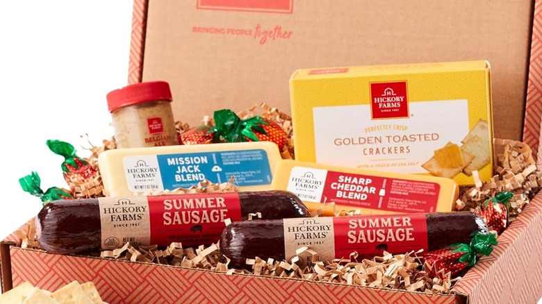 Hickory Farms Farmhouse Meat & Cheese Food Gift Basket with unpackaged ingredients in front of package
