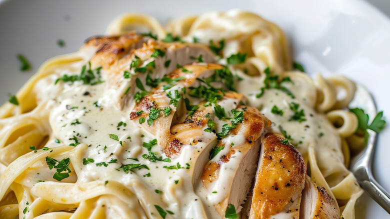 Close-up of creamy fettucine Alfredo