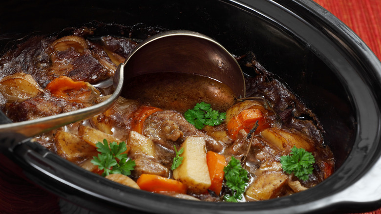 Stew in a slow cooker with a ladle