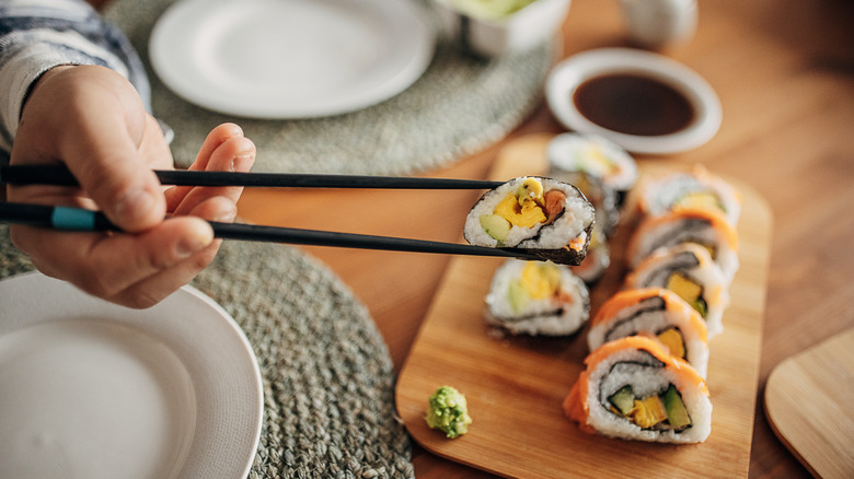 Sushi on a wood board