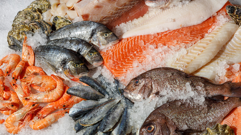 Different kinds of seafood on ice