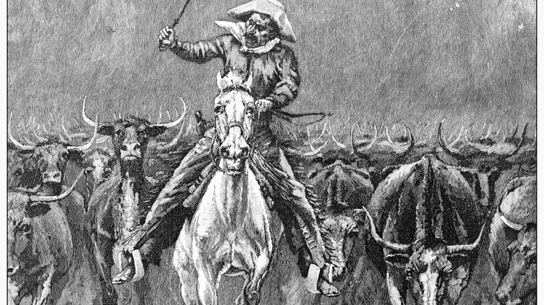 Illustration of a cowboy on horseback leading a herd of cattle