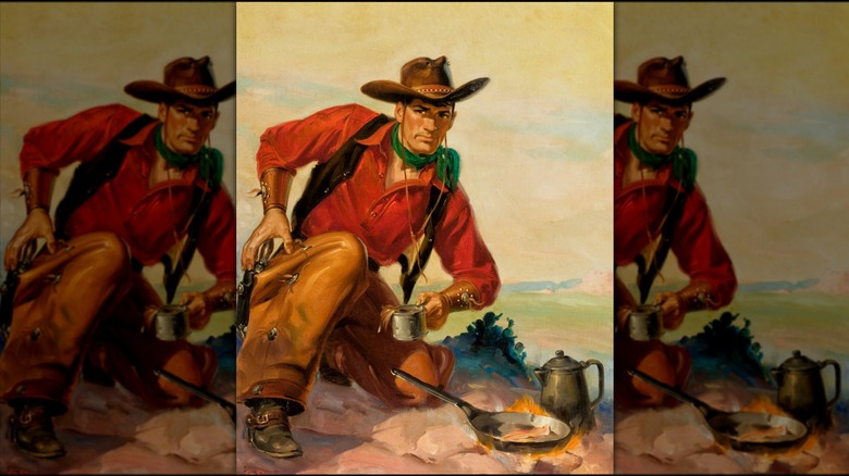 Old illustration of a cowboy drinking coffee and cooking food, mirrored