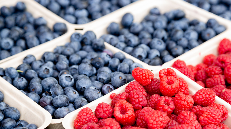 Blueberries and raspberries at the market