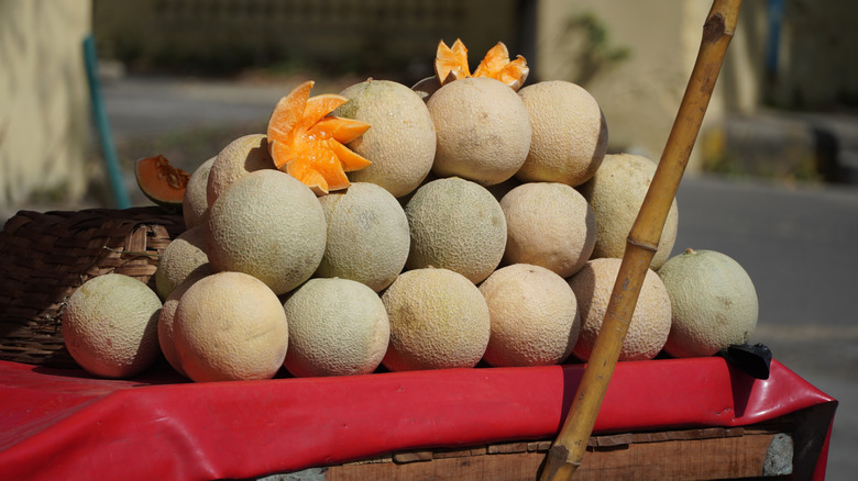 Cantaloupes on display arranged in pyramid on outdoor stall