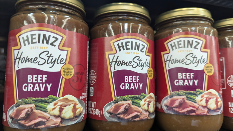 Jars of Heinz gravy on the shelves at Walmart