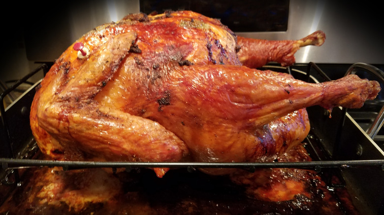 Turkey roasting in a pan with drippings