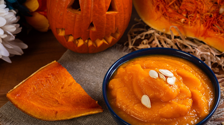 Watery pumpkin puree next to pumpkin