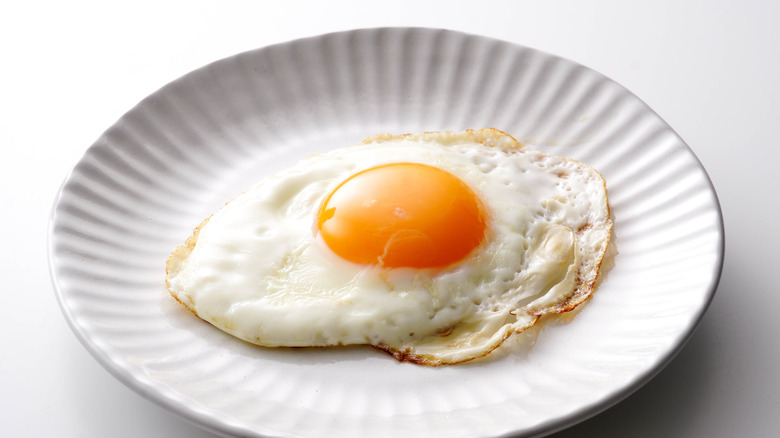 Fried egg on white plate