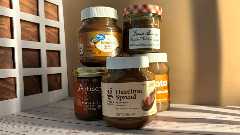 Hazlenut spread jars stacked on one another