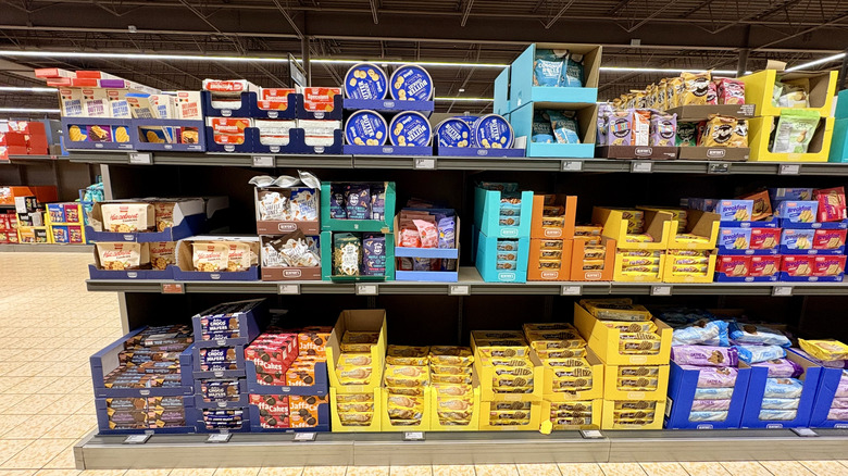 The cookie aisle of an Aldi store.