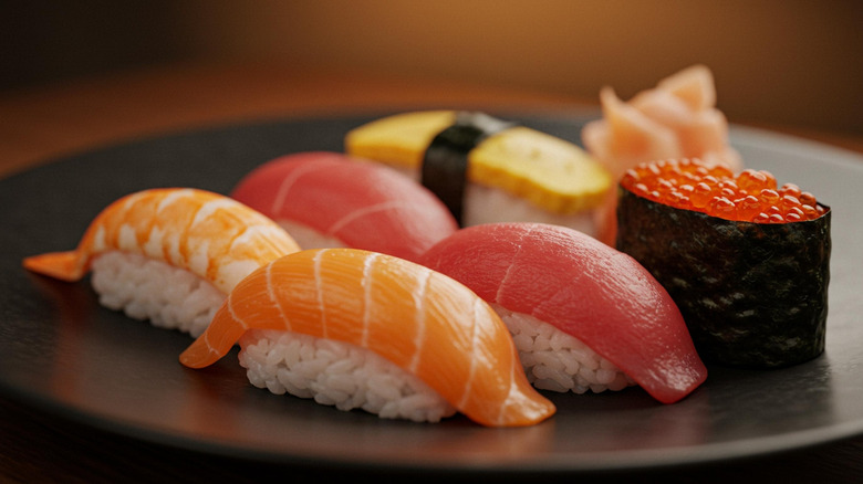 Pieces of sushi on a dark plate