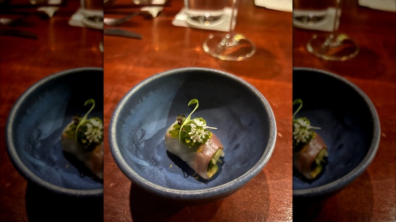 Sushi in a blue bowl at O Ya