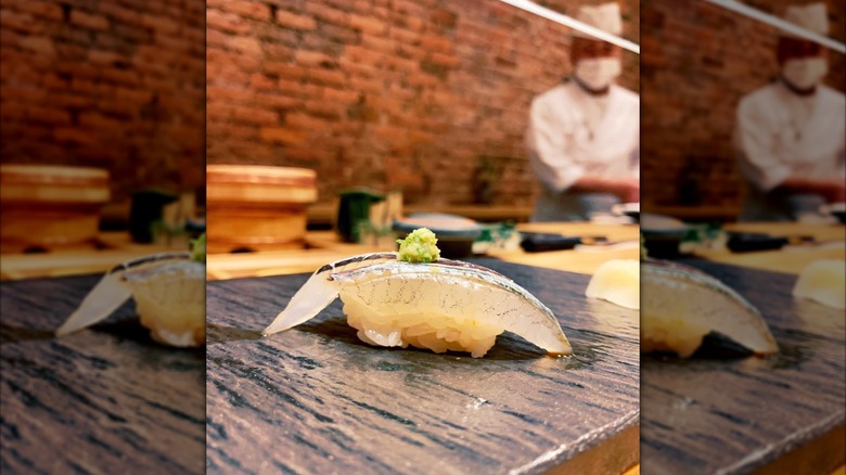 Needlefish on a slate at Sushi Zo
