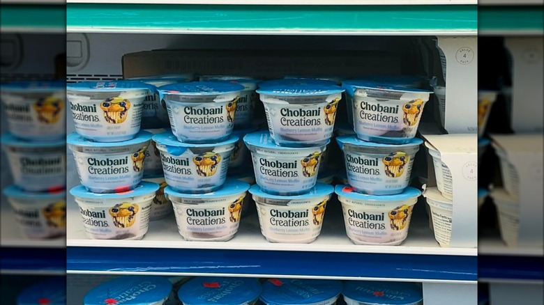 Tubs of Chobani Creations Blueberry Lemon Muffin in refrigerator