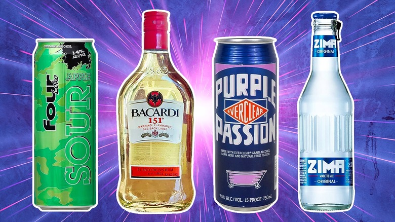 Cans and bottles of Four Loko, Bacardi 151, Purple Passion, and Zima