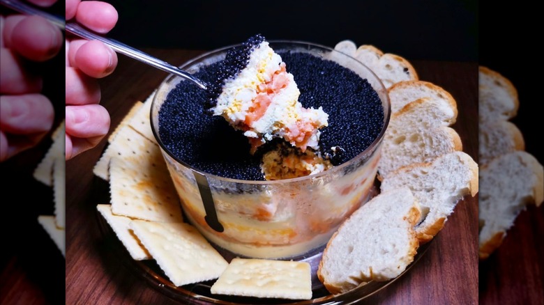 A caviar pie in a glass bowl
