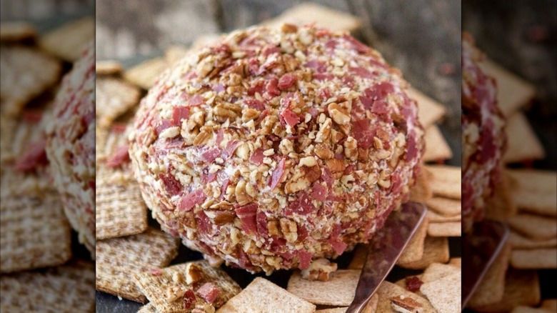 A chipped beef cheese ball served with crackers