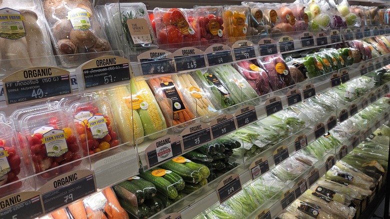 Aisles of produce in packages at the grocery store