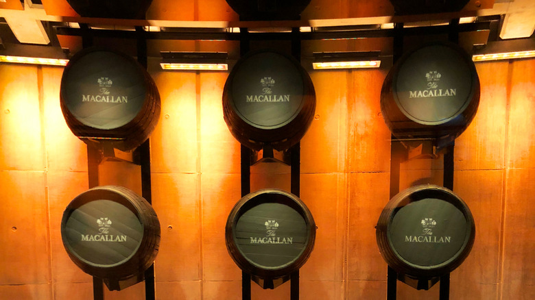 Barrels of Macallan whisky on display