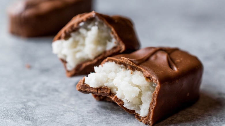 The inside of a Bounty bar full of coconut