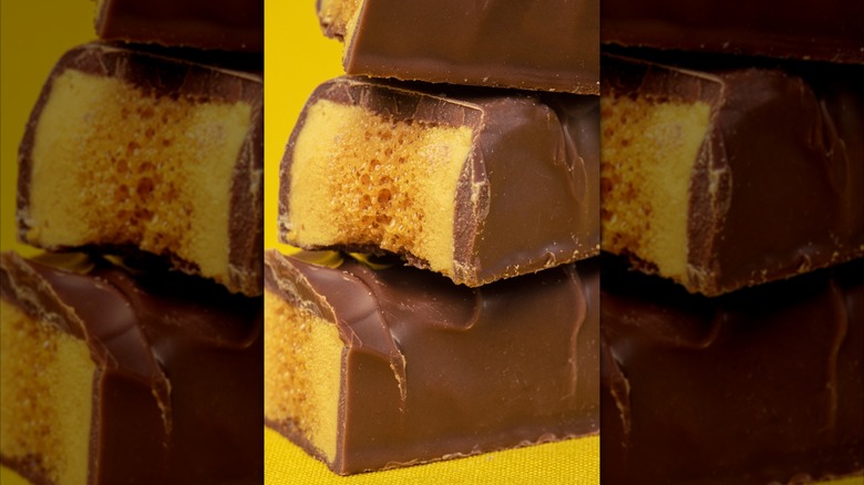 A pile of Crunchie bars with honeycomb exposed