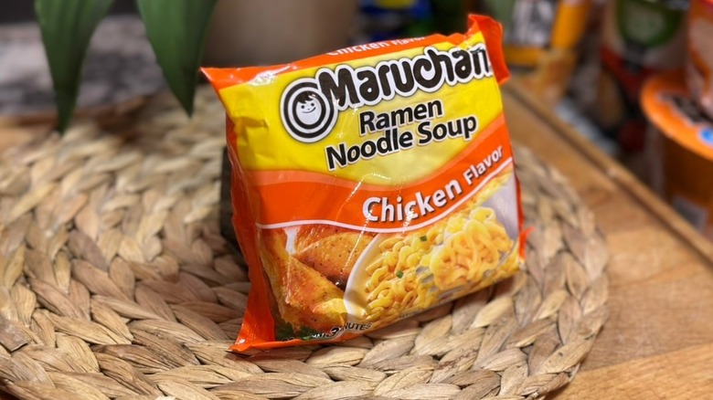 Maruchan Ramen Noodle Chicken Flavor on wicker mat