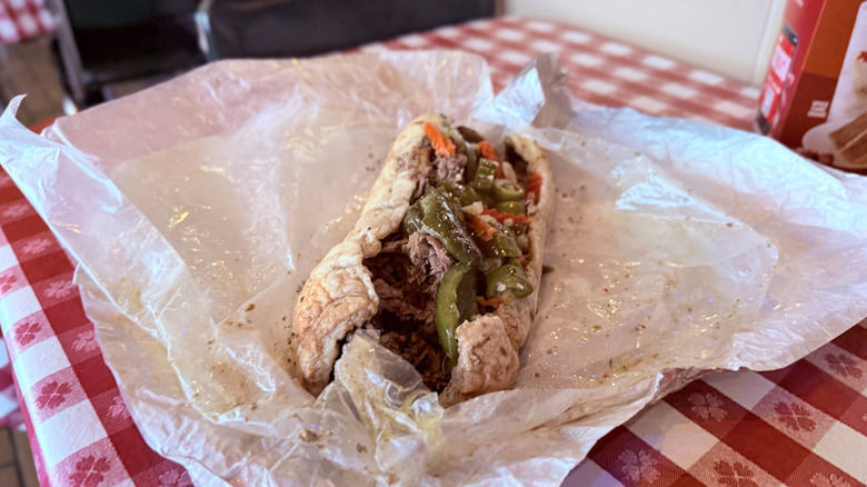 Italian beef sandwich on wrapping paper