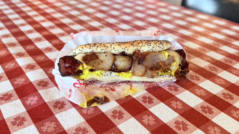 Char-Grilled Maxwell Street Polish Sausage on checkered tablecloth