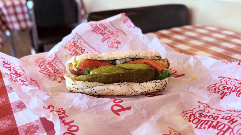 Chicago-style hot dog on Portillo's wrapping paper